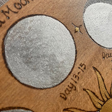 Load image into Gallery viewer, Moon Phases Board | Woodburning Witch Art | Pyrography Altar Decor | Witch Gift