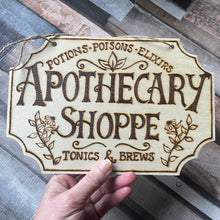 Load image into Gallery viewer, Apothecary Shoppe Wooden Sign | Woodburning Home Decor | Pyrography Witch Sign | Witch Gift
