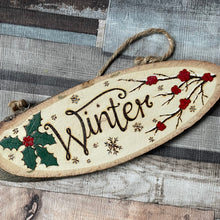 Load image into Gallery viewer, Winter Hanging Wooden Oval Sign | Pyrography Art | Woodburning Home Decor | Seasonal Decor