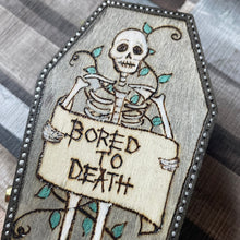 Load image into Gallery viewer, Bored to Death Coffin Box | Woodburning Trinket Box | Pyrography Wood Art | Alternative Gift | Goth Gift
