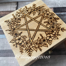 Load image into Gallery viewer, Wooden Box with Pentacle and Wreath Design | Pyrography Jewellery Box | Woodburning Trinket Box | Witch Gift