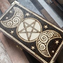 Load image into Gallery viewer, Triple Moon and Pentacle Tarot Box, Woodburning Pyrography