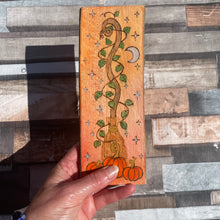 Load image into Gallery viewer, Broomstick and Pumpkins Pyrography Art | Witch Autumn Altar Decor |Woodburning Witch Gift