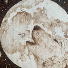 Load image into Gallery viewer, Howling Wolf and Moon Pyrography Art, Woodburning Art