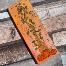 Load image into Gallery viewer, Broomstick and Pumpkins Pyrography Art | Witch Autumn Altar Decor |Woodburning Witch Gift