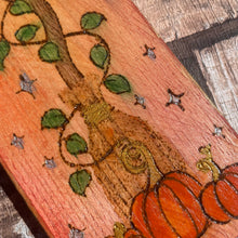 Load image into Gallery viewer, Broomstick and Pumpkins Pyrography Art | Witch Autumn Altar Decor |Woodburning Witch Gift