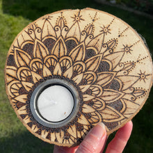 Load image into Gallery viewer, As Seen on BBC’s Make it at Market | Wooden Tealight holder with Mandala Design | Pyrography Candle Holder| Woodburning Home Decor