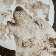 Load image into Gallery viewer, Howling Wolf and Moon Pyrography Art, Woodburning Art