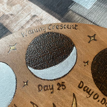 Load image into Gallery viewer, Moon Phases Board | Woodburning Witch Art | Pyrography Altar Decor | Witch Gift