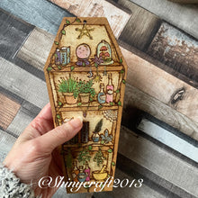 Load image into Gallery viewer, Witch’s Bookshelves Pyrography Art, Woodburning, Coffin Shaped Wood Art