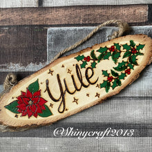 Load image into Gallery viewer, Yule Hanging Wooden Oval Sign |Pyrography Altar Decor | Woodburning Home Decor | Pagan Sabbats