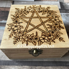Load image into Gallery viewer, Wooden Box with Pentacle and Wreath Design | Pyrography Jewellery Box | Woodburning Trinket Box | Witch Gift