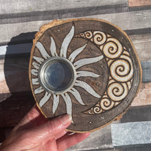 Load image into Gallery viewer, Wooden Tealight Holder with Sun and Moon Design | Pyrography | Woodburning