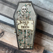 Load image into Gallery viewer, Bored to Death Coffin Box | Woodburning Trinket Box | Pyrography Wood Art | Alternative Gift | Goth Gift