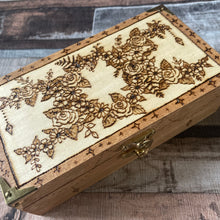 Load image into Gallery viewer, As Seen on BBC’s Make it at Market! Wooden Box with Triple Flower Moon Design | Pyrography  Art | Woodburning Gift | Two sizes available