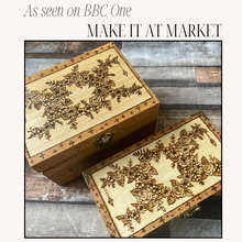Load image into Gallery viewer, Wooden Box woodburned with a floral triple moon design, featuring dark wooden sides and a lighter top. As seen on BBC’s Make it at Market