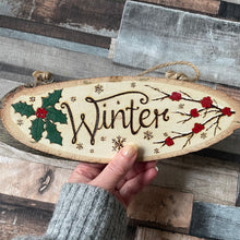 Load image into Gallery viewer, Winter Hanging Wooden Oval Sign | Pyrography Art | Woodburning Home Decor | Seasonal Decor