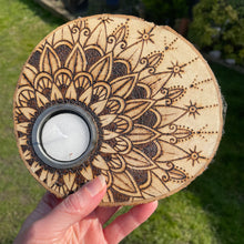 Load image into Gallery viewer, As Seen on BBC’s Make it at Market | Wooden Tealight holder with Mandala Design | Pyrography Candle Holder| Woodburning Home Decor