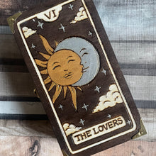 Load image into Gallery viewer, Wooden Box with a The Lovers Tarot Card Design featuring a Sun and Moon entwined - Pyrography - Woodburning