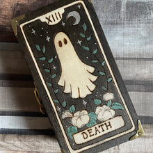 Load image into Gallery viewer, Wooden Box with Death Tarot Card Design featuring a Ghost and Moonflowers - Pyrography -Woodburning