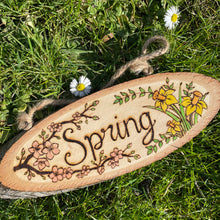 Load image into Gallery viewer, Spring Wooden Oval Sign | Pyrography Art | Woodburning Home Decor | Seasonal Decoration