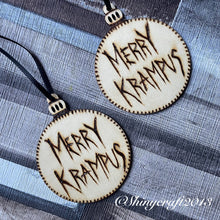 Load image into Gallery viewer, Krampus Wooden Bauble | Double sided Christmas Decoration |  Creepmas Decor | Woodburning Alternative Christmas | Pyrography Goth Christmas