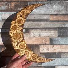 Load image into Gallery viewer, Crescent Moon with Sunflower Design - Pyrography - Woodburning - Home Decor