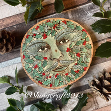 Load image into Gallery viewer, Holly King Beech Wood Slice | Pyrography Art | Woodburning Altar Decor | Witch Gift | Pagan Winter Decor | Seasonal Decor