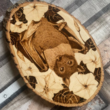 Load image into Gallery viewer, Bat and Moonflower Pyrography Art, Woodburning Art