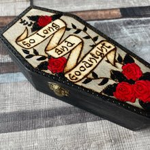 Load image into Gallery viewer, Wooden Coffin Box | So Long and Goodnight | inspired by the My Chemical Romance song Helena | Pyrography Art | Woodburning Gift