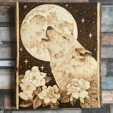 Load image into Gallery viewer, Howling Wolf and Moon Pyrography Art, Woodburning Art
