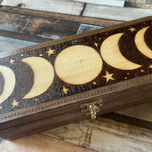 Load image into Gallery viewer, Wooden Box with Moon Phases Design | Pyrography  |Woodburning | Witch Gift | Tea Box