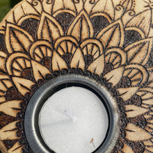 Load image into Gallery viewer, As Seen on BBC’s Make it at Market | Wooden Tealight holder with Mandala Design | Pyrography Candle Holder| Woodburning Home Decor