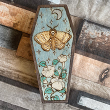 Load image into Gallery viewer, Deaths Head Moth Woodburned Coffin Box | Pyrography Trinket Box | Witch Gift | Handburned Wooden Box
