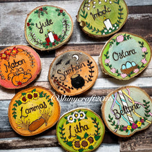 Load image into Gallery viewer, Wooden Altar Sabbat Decorations | Witch Gift | Pagan Sabbats | Pyrography Altar Decor | Woodburning Wood Slice Signs | Individual or Full Set of Eight