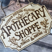 Load image into Gallery viewer, Apothecary Shoppe Wooden Sign | Woodburning Home Decor | Pyrography Witch Sign | Witch Gift