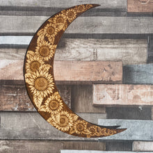 Load image into Gallery viewer, Crescent Moon with Sunflower Design - Pyrography - Woodburning - Home Decor