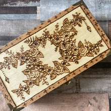 Load image into Gallery viewer, As Seen on BBC’s Make it at Market! Wooden Box with Triple Flower Moon Design | Pyrography  Art | Woodburning Gift | Two sizes available