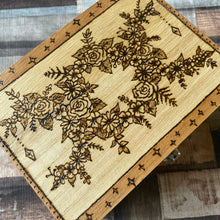 Load image into Gallery viewer, As Seen on BBC’s Make it at Market! Wooden Box with Triple Flower Moon Design | Pyrography  Art | Woodburning Gift | Two sizes available