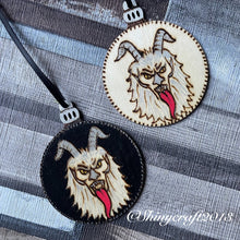 Load image into Gallery viewer, Krampus Wooden Bauble | Double sided Christmas Decoration |  Creepmas Decor | Woodburning Alternative Christmas | Pyrography Goth Christmas