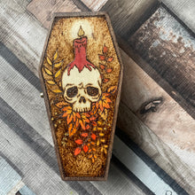 Load image into Gallery viewer, Skull Wooden Coffin Box, Woodburning Pyrography