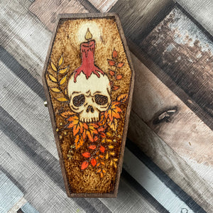 Skull Wooden Coffin Box, Woodburning Pyrography