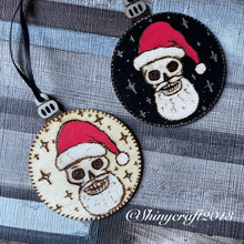 Load image into Gallery viewer, Skull Santa Wooden Bauble | Double sided Christmas Decoration | Creepmas | Woodburning Alternative Christmas Decor | Pyrography Goth Christmas