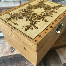 Load image into Gallery viewer, As Seen on BBC’s Make it at Market! Wooden Box with Triple Flower Moon Design | Pyrography  Art | Woodburning Gift | Two sizes available