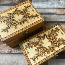 Load image into Gallery viewer, Wooden Boxes with a Flower Triple Moon Design, Woodburning - Pyrography - As seen on BBCs Make it at Market