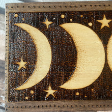 Load image into Gallery viewer, Wooden Box with Moon Phases Design | Pyrography  |Woodburning | Witch Gift | Tea Box