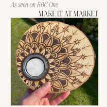 Load image into Gallery viewer, As Seen on BBC’s Make it at Market | Wooden Tealight holder with Mandala Design | Pyrography Candle Holder| Woodburning Home Decor