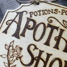 Load image into Gallery viewer, Apothecary Shoppe Wooden Sign | Woodburning Home Decor | Pyrography Witch Sign | Witch Gift