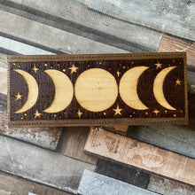 Load image into Gallery viewer, Wooden Box with Moon Phases Design | Pyrography  |Woodburning | Witch Gift | Tea Box