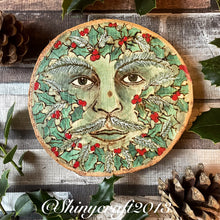Load image into Gallery viewer, Holly King Beech Wood Slice | Pyrography Art | Woodburning Altar Decor | Witch Gift | Pagan Winter Decor | Seasonal Decor